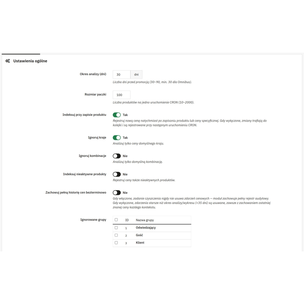 Historia cen i najniższa cena przed promocją PrestaShop