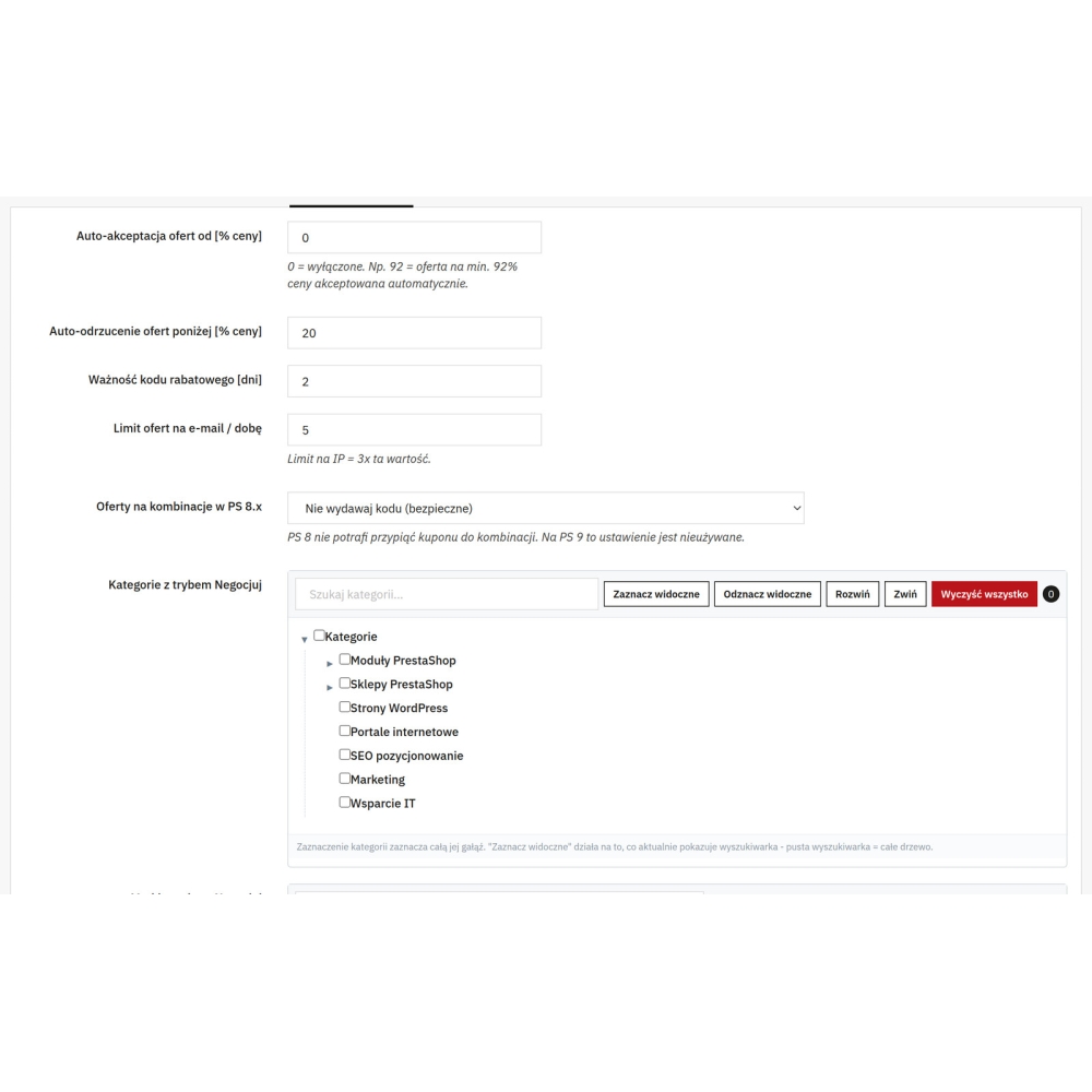 Negocjacja ceny i powiadomienia o cenie PrestaShop