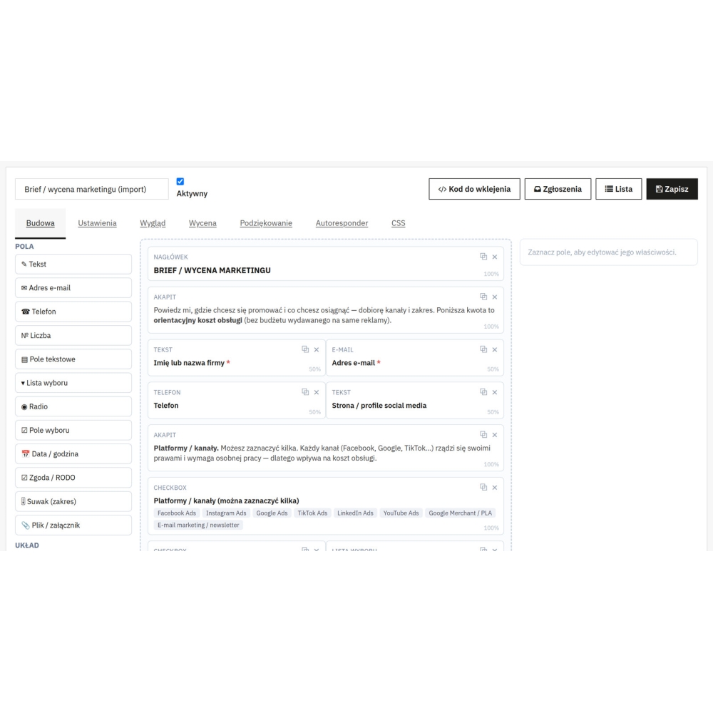 Kreator formularzy PrestaShop - pola i logika warunkowa