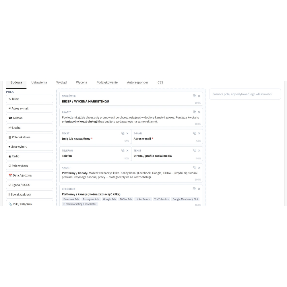 Kreator formularzy PrestaShop - pola i logika warunkowa
