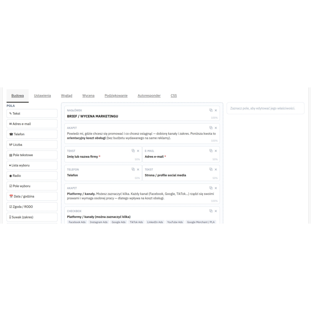 Kreator formularzy PrestaShop - pola i logika warunkowa