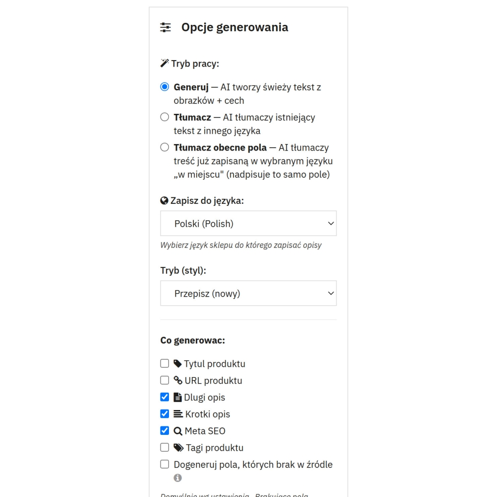 Generator opisów AI i tłumaczeń produktów PrestaShop