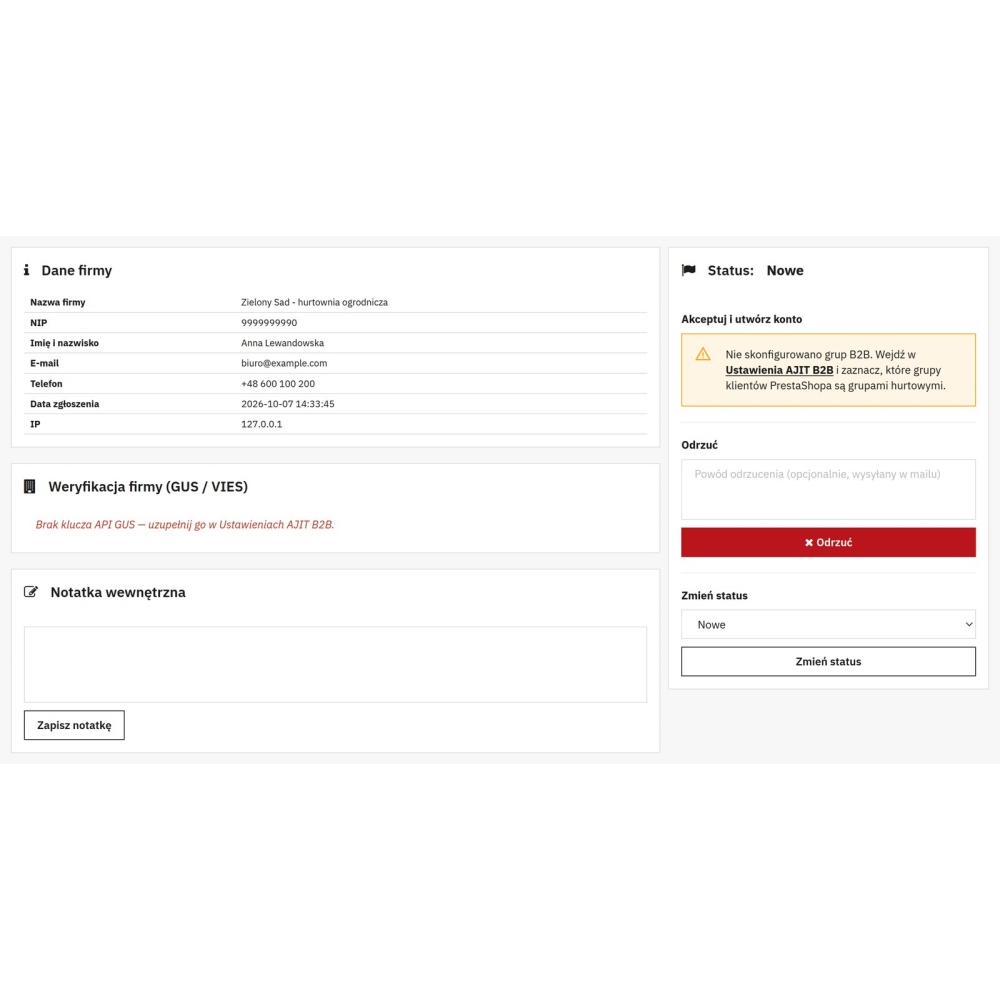 Strefa B2B PrestaShop - rejestracja i obsługa hurtowników