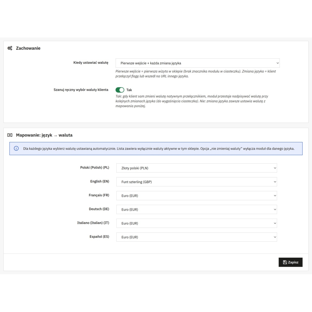 Automatyczna waluta według języka w PrestaShop