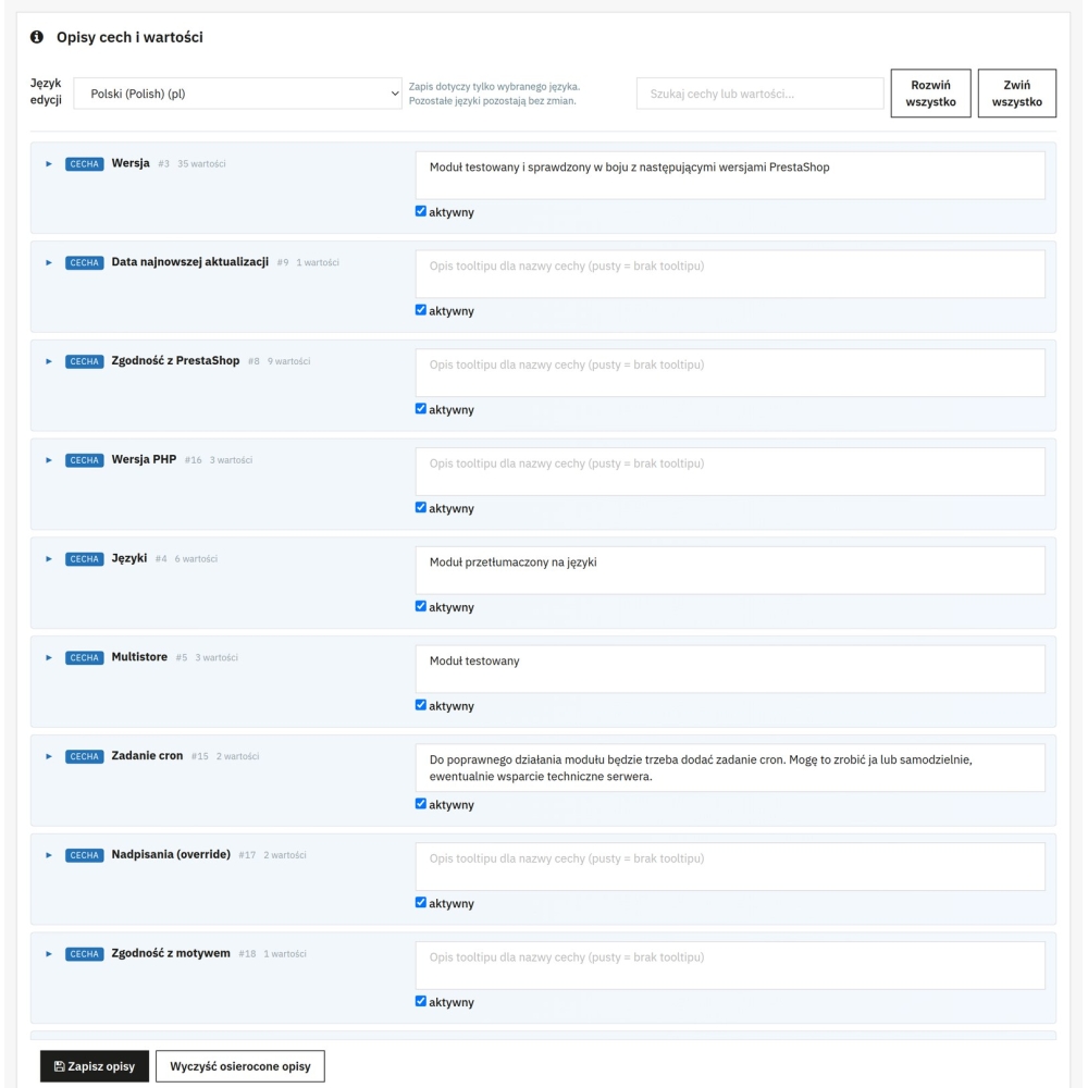 Tooltipy PrestaShop - opisy cech i parametrów produktów