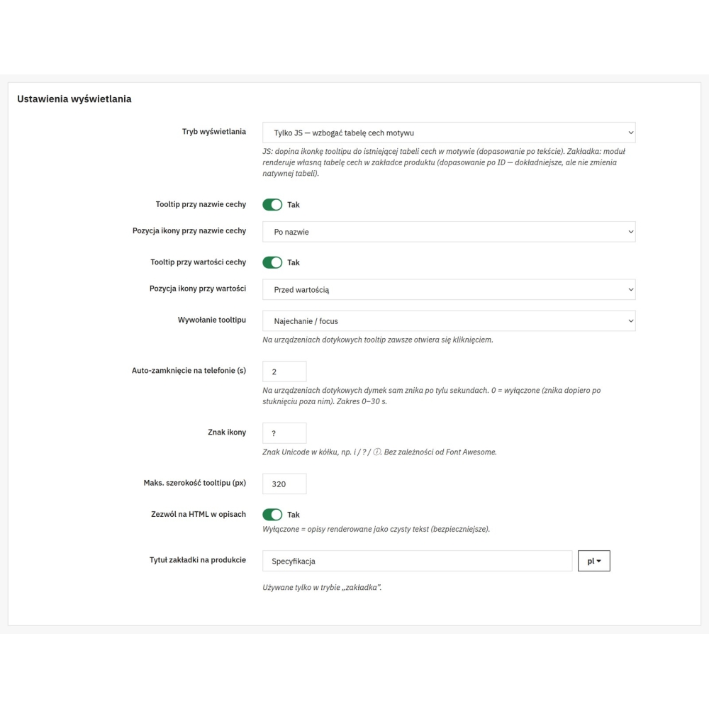 Tooltipy PrestaShop - opisy cech i parametrów produktów