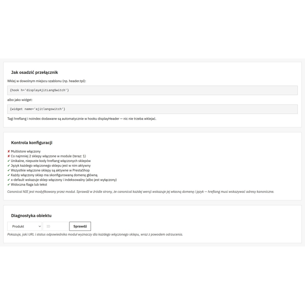 Przełącznik języków i hreflang PrestaShop multistore