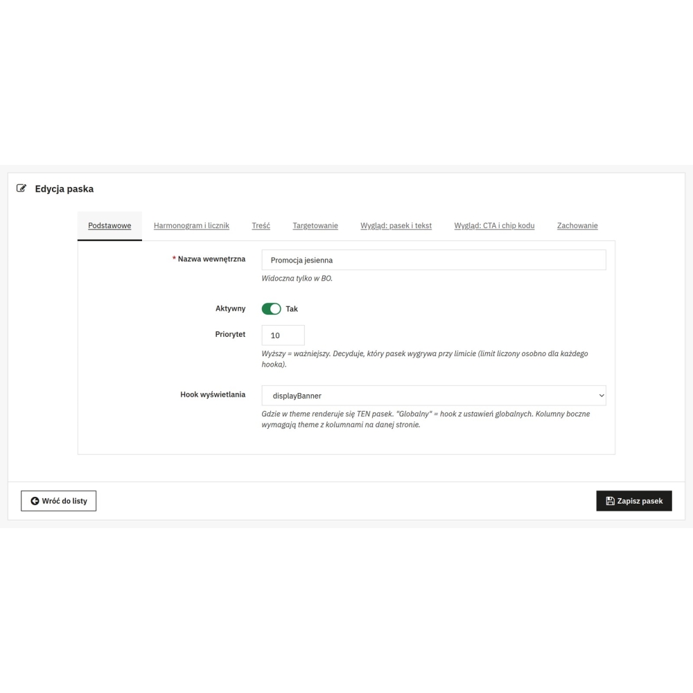 Pasek promocyjny PrestaShop - licznik i harmonogram