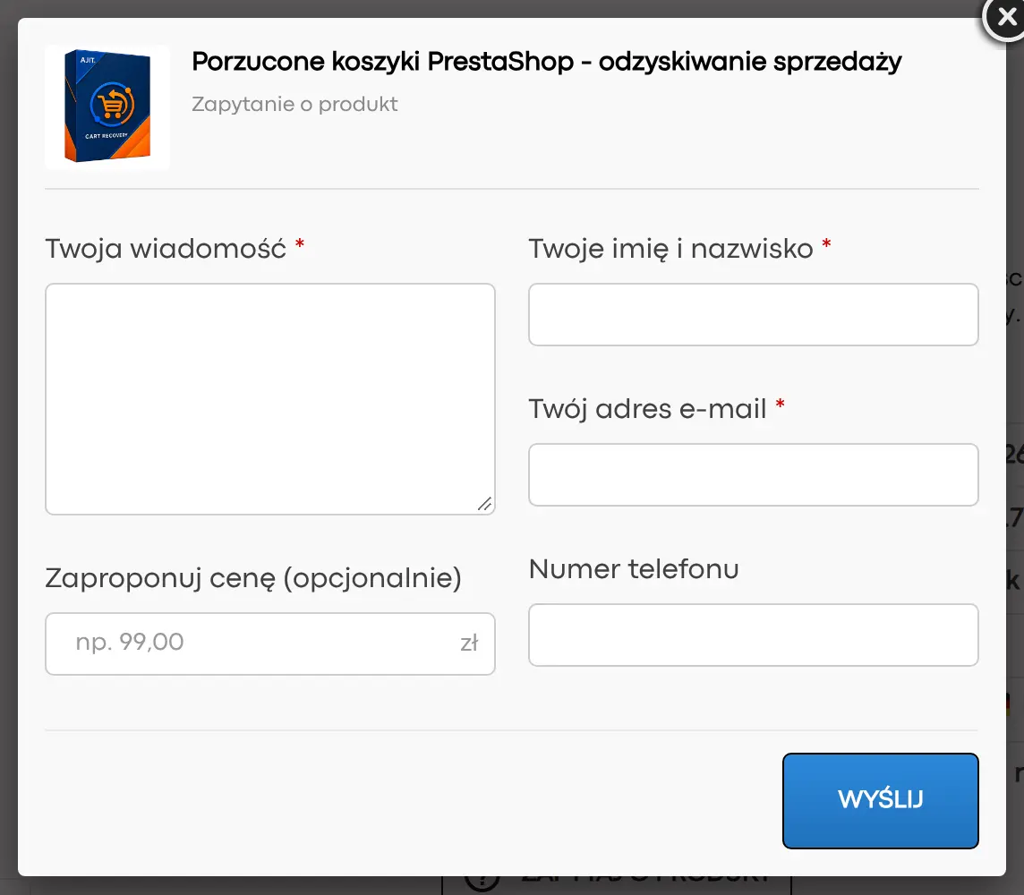 Formularz pytania na karcie produktu