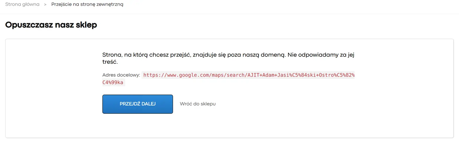 Strona informująca o opuszczaniu sklepu