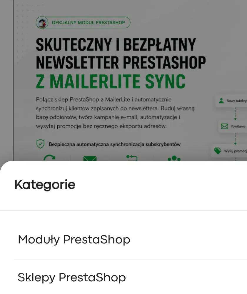 Panele z kategoriami, wyszukiwarką lub treścią HTML