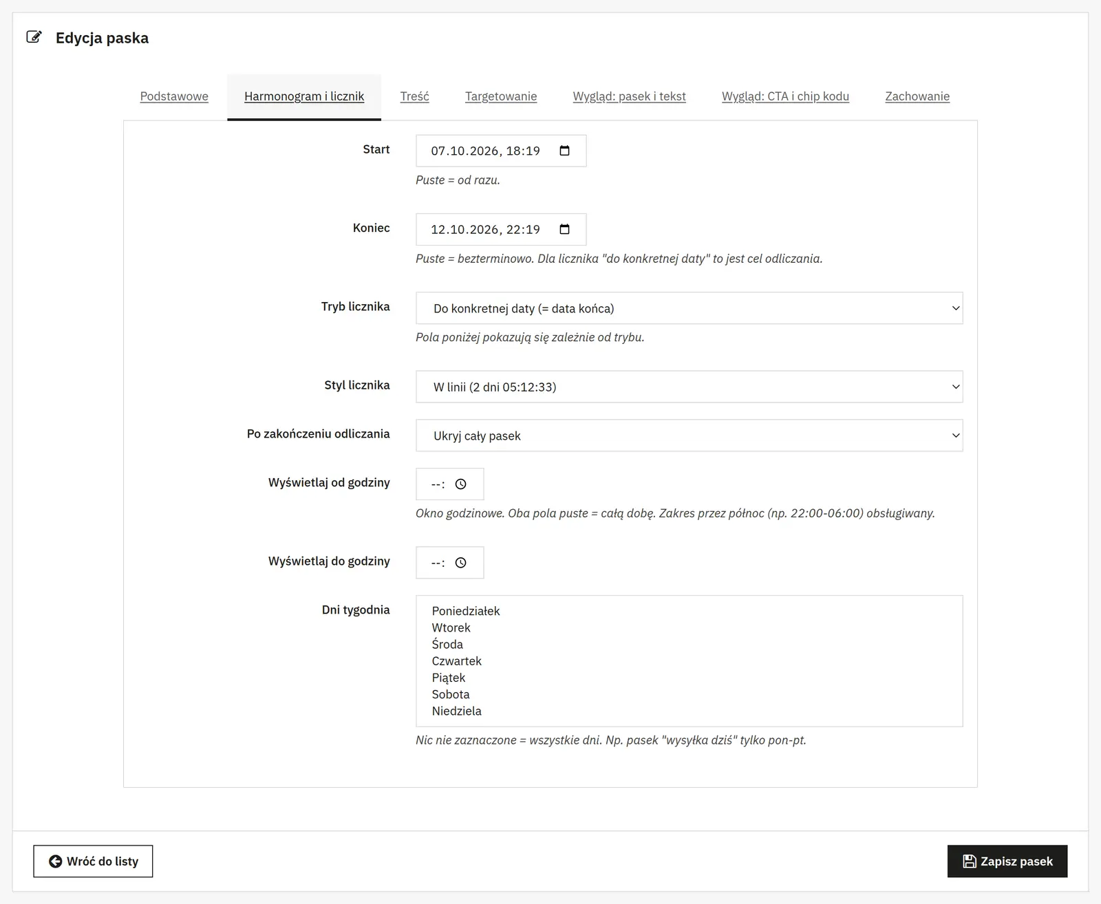 Leistenliste und Zeitplan