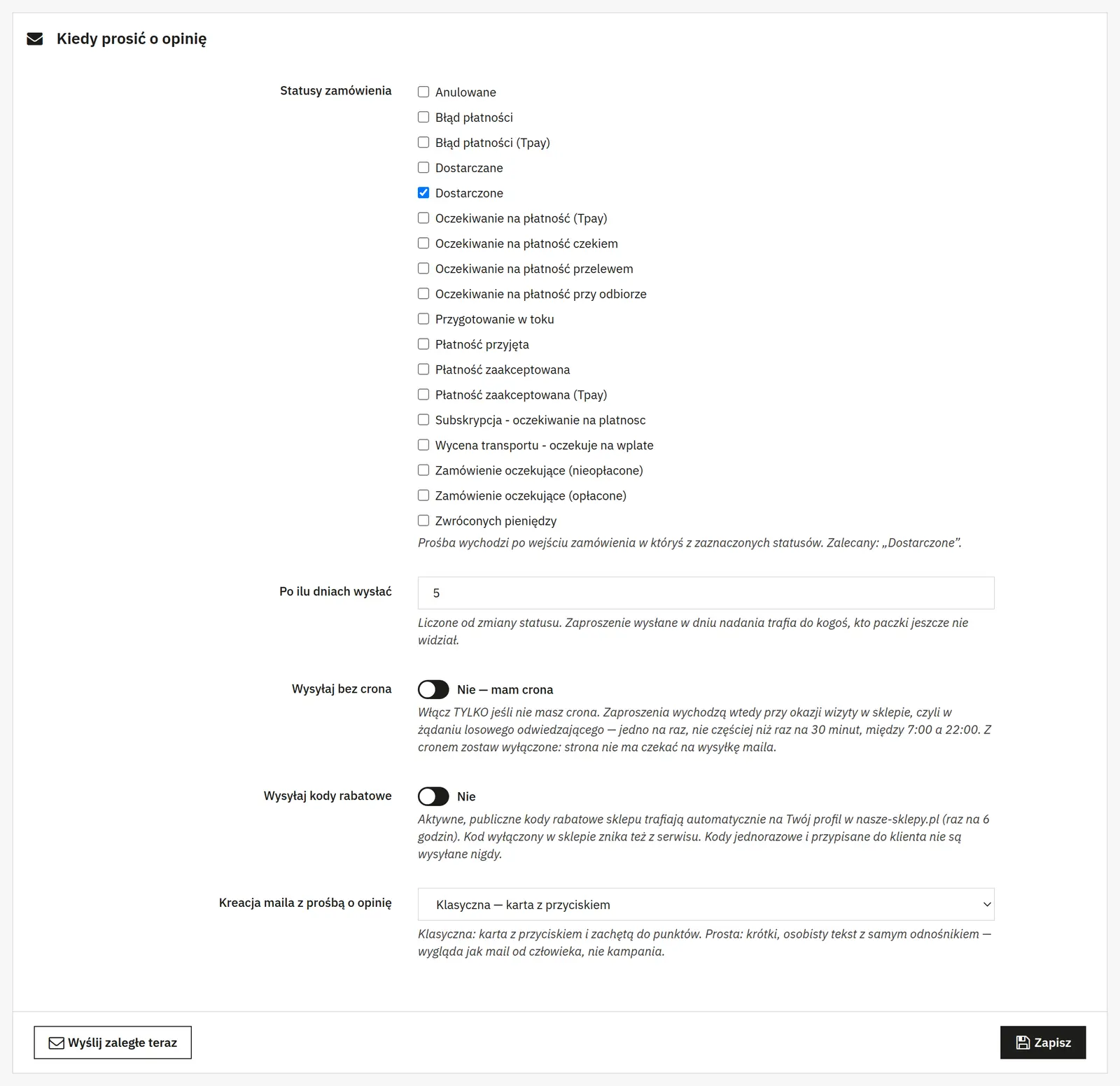 Invitations selon le statut de commande et le délai choisis