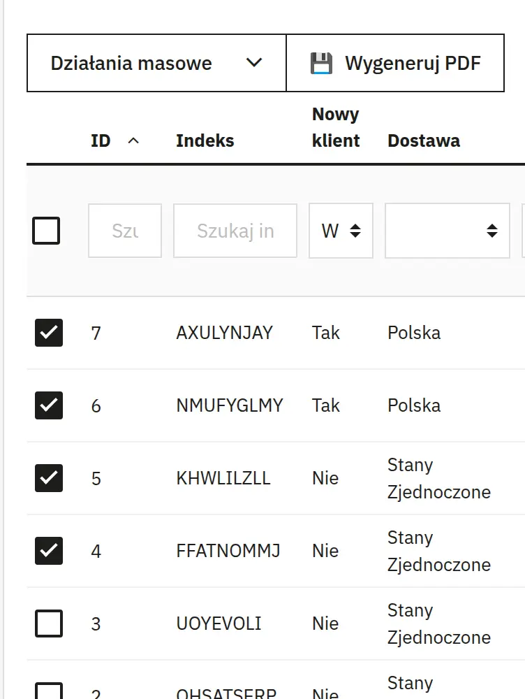 Wybór wielu zamówień z listy