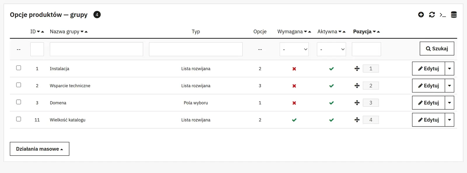 Globalne opcje przypisywane produktom